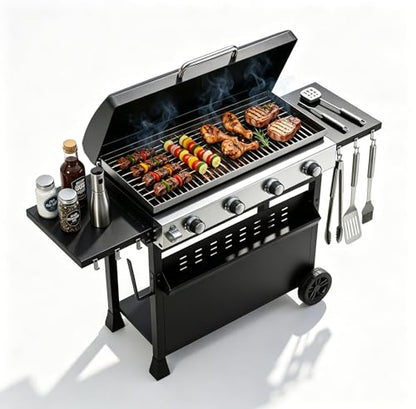 Grills 4 Burner Propane Gas Grill 32,000 BTU Stainless Steel Outdoor Patio Barbecue Grill Propane Gas Griddle with Removable Cart Portable Griddle for Outdoor Cooking, BBQ Camping, Backyard