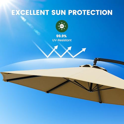 OLILAWN Cantilever Offset Patio Umbrellas, Outdoor 10 feet Large Patio Umbrella with Base Included, Upgraded Yarn-dyed Fabric Shade, Sturdy 8 Rids, 360 Degree Rotation & Easy Tilt Adjustment, for Pool Deck Porch Backyard Garden, Beige