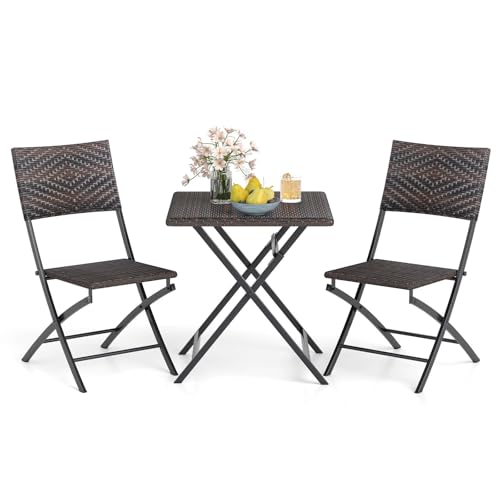 Tangkula 3 Piece Outdoor Folding Bistro Set, Mix Brown