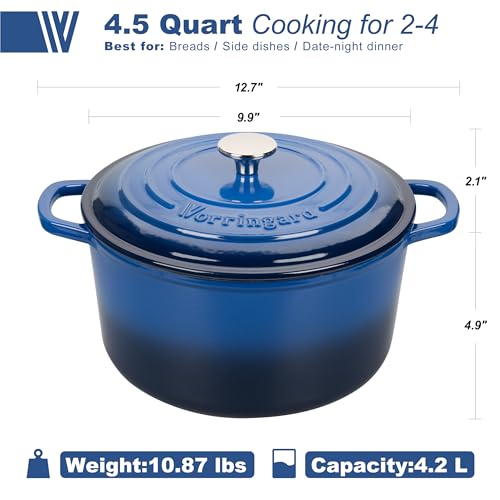 VORRINGARD Enameled Cast Iron Dutch Oven Pot with Lid, for Sourdough Bread Baking, Round Dutch Ovens, 4.5 Quart, Blue