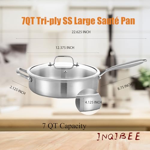 Inqibee Stainless Steel Saute Pan with Lid, 7 QT 12 Inch Tri-Ply Stainless Steel Deep Frying Pan, Large Skillet, Induction Compatible, All Cooktops, Oven & Dishwasher Safe