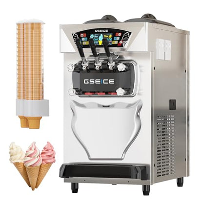Commercial Soft Serve Ice Cream Machine 3 Flavor, Countertop Soft Serve Machine 22–28 L/hr, 2×6L Hoppers, 110V 1600W, Frozen Yogurt Machine with Pre-Cool, Night Mode, Low Mix Alert, One-Touch Clean