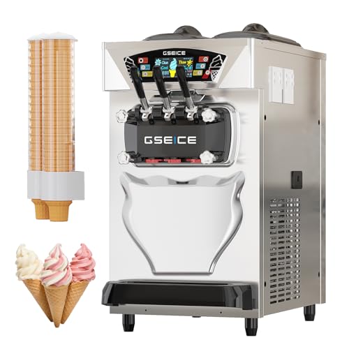 Commercial Soft Serve Ice Cream Machine 3 Flavor, Countertop Soft Serve Machine 22–28 L/hr, 2×6L Hoppers, 110V 1600W, Frozen Yogurt Machine with Pre-Cool, Night Mode, Low Mix Alert, One-Touch Clean