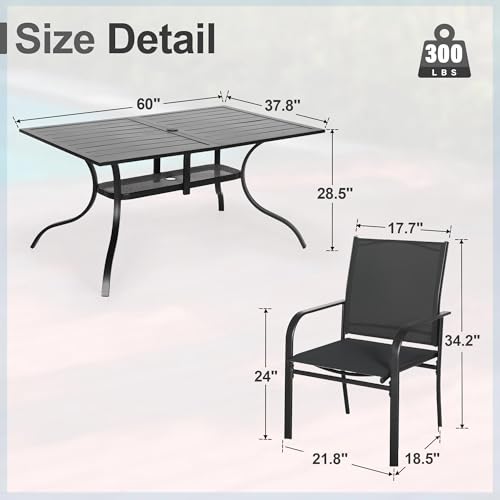 Crownland 7 Piece Patio Dining Set, Outdoor Textilene Dining Sets, 6 Textilene Metal Chairs and Rectangular Outdoor Dining Table with 1.57" Umbrella Hole,Black
