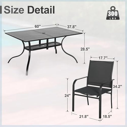 Crownland 7 Piece Patio Dining Set, Outdoor Textilene Dining Sets, 6 Textilene Metal Chairs and Rectangular Outdoor Dining Table with 1.57" Umbrella Hole,Black