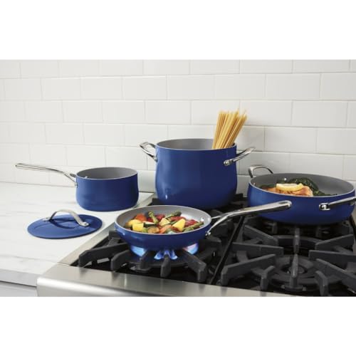 Cuisinart Ceramic Cookware Set, Nonstick 12-Piece Pots and Pans Set for Even Heat Cooking, Dishwasher Safe, Stainless Steel Handles & Easy Cleanup, Sapphire, 34C-12SP