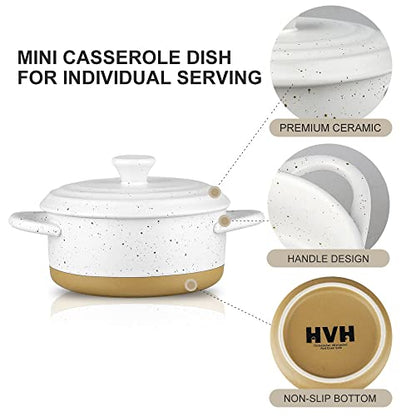 HVH 12 oz Ramekins with Lids, Mini Casserole Dish with Lid Oven Safe, Small Casserole Dish Set, Oven Safe Bowls, Mini Baking Dishes for Oven with Lids, Farmhouse Style (White)