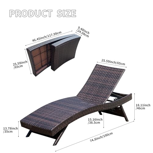 Folding Patio Chaise Lounge (Set of 1 Chair), Foldable Long Reclining Patio Seating Chairs, Outdoor Wicker Lounge Chair, Rattan Chaise Lounge Lawn Sunbathing Chairs Beach Pool Backrest Recliners