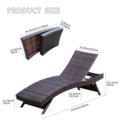 Folding Patio Chaise Lounge (Set of 1 Chair), Foldable Long Reclining Patio Seating Chairs, Outdoor Wicker Lounge Chair, Rattan Chaise Lounge Lawn Sunbathing Chairs Beach Pool Backrest Recliners