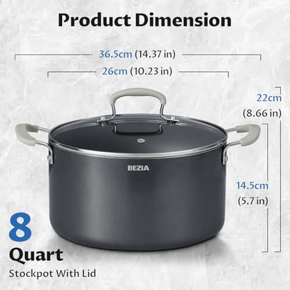 8 Quart Nonstick Stock Pot with Lid - BEZIA Ceramic Large Soup Pot for Family Cooking, Induction Ready, Stay-Cool Silicone Handles, Easy Cleanup, Perfect for Stews, Pasta & Batch Cooking