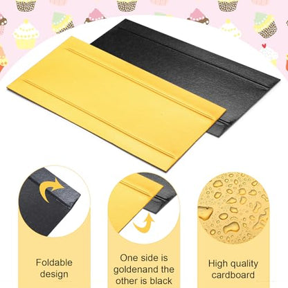 MotiMind 200 Pcs Mini Rectangular Foldable Paper Cardboard Cake Board Plates Bulk Mini Mousse Cake Bases Cardboards for Dessert Pastry Display Trays (Gold,Black)