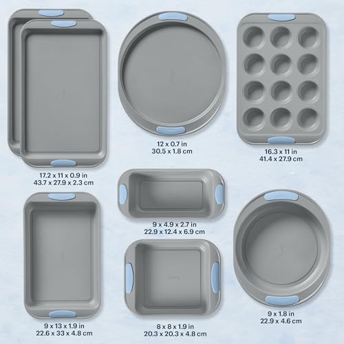 Pyrex 8-Piece Metal Bakeware Set, Lightweight Stainless Steel Baking Trays with Heatsafe Silicone Handles, Cookie & Muffin Sheets, Round/Square Baking Pans, Cerulean