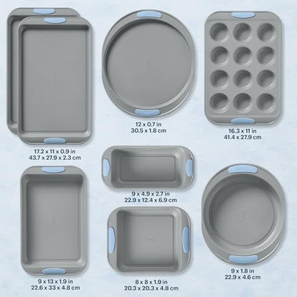 Pyrex 8-Piece Metal Bakeware Set, Lightweight Stainless Steel Baking Trays with Heatsafe Silicone Handles, Cookie & Muffin Sheets, Round/Square Baking Pans, Cerulean