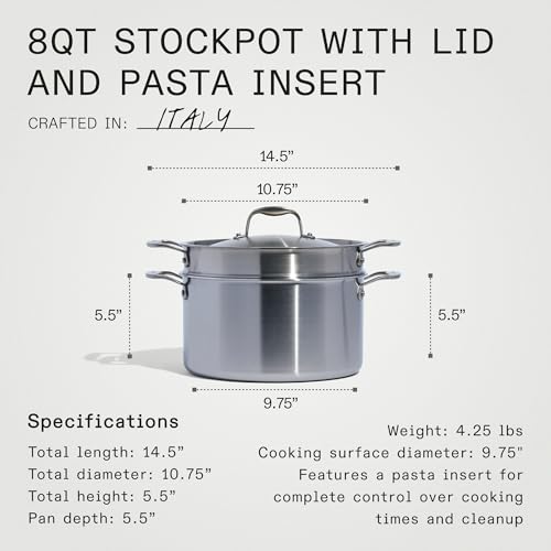Made In Cookware | 8 Quart Stainless Steel Stock Pot With Lid and Pasta Insert | 5 Ply Stainless Clad | Professional Cookware | Crafted in Italy | Induction Compatible