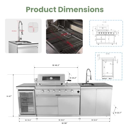 Outdoor Natural Gas Grill Island with Refrigerator, 4 Burner 72,000 BTU BBQ Grill with Side Burner, Infrared Rotisserie, Granite Countertop, Stainless Steel Outdoor Kitchen (Silver+98in)