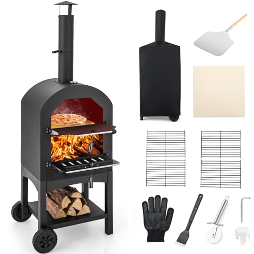 Giantex Pizza Oven Outdoor, Wood Fired Pizza Oven with Pizza Stone, Pizza Peel, Waterproof Cover, Cooking Grids, Pizza Maker with Wheels for Outside Camping Backyard Party (64 Inch)