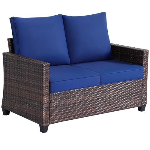 Outdoor 2-Seat Rattan Loveseat,Water-Resistant Deep Cushions,Patio,Blue