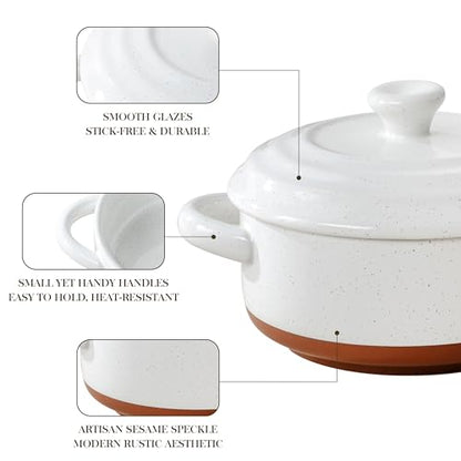 MALACASA Mini Cocotte Set - 12 OZ Small Casserole Dishes for Oven, Ramekins with Lids and Handles, Ceramic Mini Dutch Oven Set of 4, Microwave & Dishwasher Safe, Khaki White, Series TARA