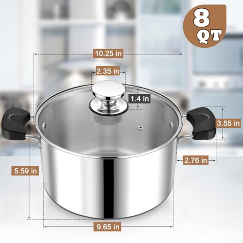 8 Quart 3-Ply Cooking Stock Pot with Lid, P&P CHEF Stainless Steel Large Pot for Pasta Soup, Work on Multi Stove, Heavy Duty & Dishwasher Safe, Dual Heat-resistant Handles & Transparent Glass Lid