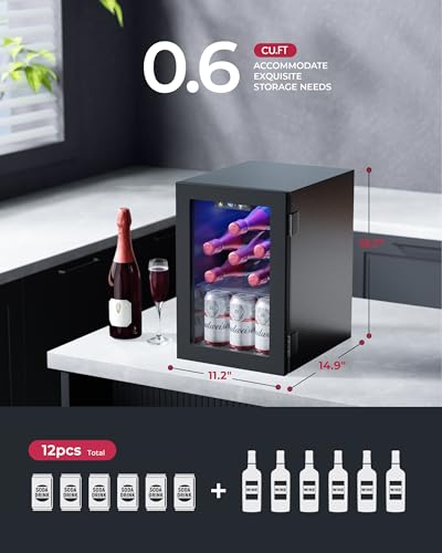 Icyglee 6 Bottles and 6 Cans Compact Beverage Refrigerator, Freestanding Mini Fridge with Temperature Control for Beer Wine, Under Counter Small Refrigerator Adjustable Shelve for Home and Bar