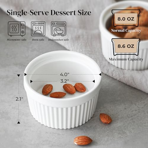 DOWAN 8 oz Ramekins Oven Safe for Creme Brulee, Souffle Dish Baking Bowls, Custard Cups for Pudding Dips Sauce Dessert Yogurt Ice Cream, Ceramic Ramiken Set of 6, Soft White