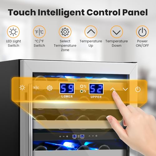 24 Inch Wine Cooler & Fridge Under Counter,54 Bottle Dual Zone Wine Cooler,New Upgrade Compressor,Blue Light Built-in/Freestanding,Reversible Stainless Steel Door Wine Fridge for Home/Kitchen