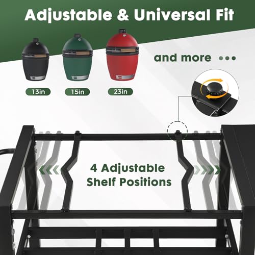 GVGBUK Outdoor Grill Table for Big Green Egg, Suitable for Various Sizes of Green Egg Nest Grill Racks,BBQ Cart with Lockable Wheels, Storage Rack Bottle Opener-Prep Cooking Station for Party, Black.