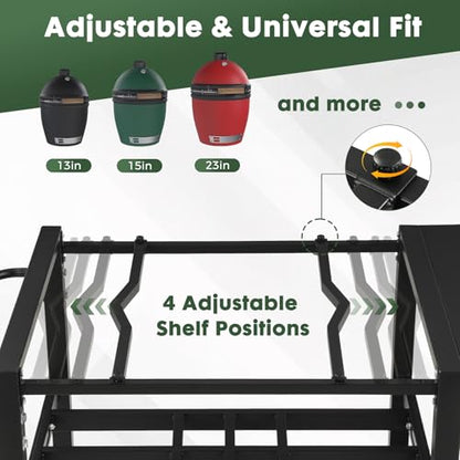 GVGBUK Outdoor Grill Table for Big Green Egg, Suitable for Various Sizes of Green Egg Nest Grill Racks,BBQ Cart with Lockable Wheels, Storage Rack Bottle Opener-Prep Cooking Station for Party, Black.