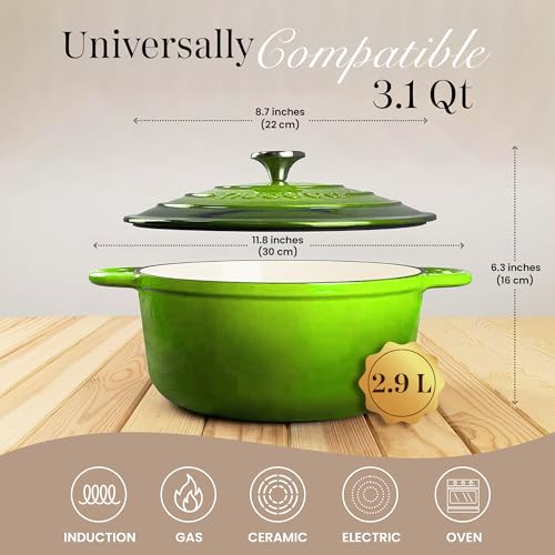 Cast Iron Dutch Oven with Lid - Non-Stick Ovenproof Enamelled Casserole Pot- Sturdy Dutch Oven Cookware - Green, 3.1- Quart, 22cm-by Nuovva