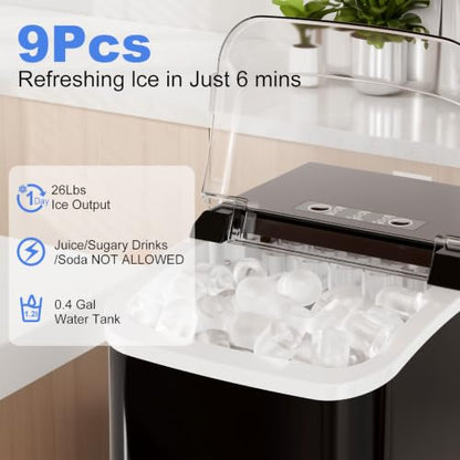 NEWBULIG Ice Makers Countertop with Handle, Portable Ice Machine, 9 Bullet Cubes in 6 Mins, 26lbs in 24Hrs, Auto-Cleaning, with Basket and Scoop, for Home, Kitchen, RV, Camping, Black