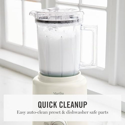 Martha Stewart 50oz Countertop Blender, Smoothie, Margarita & Ice Crushing Blender, BPA-Free Pitcher, 3 Speeds, 5 Presets, Auto-Clean Function, Dishwasher Safe, Stainless Steel Blades, Linen Cream