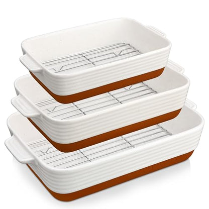 MALACASA Casserole Dishes for Oven with Roasting Racks, Ceramic Baking Dishes Set of 3, Baking Pan Casserole Dish Set, Rectangular Lasagna Pan Deep with Handles for Baking, Khaki White (14.5''/13''/10.5''), Series TARA