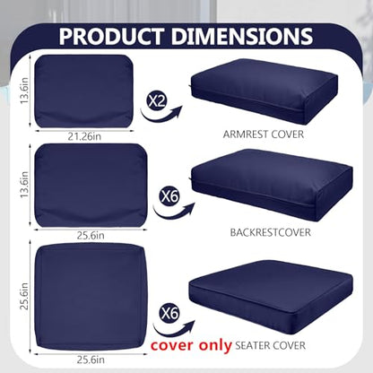 Cethytirko 14 Piece Outdoor Patio Waterproof Cushion Covers, Fits 6-Seat Wicker Rattan Sectional Couch Chair Furniture Cover Replacement Set - Fade-Resistant Patio Cushion Covers with Zipper