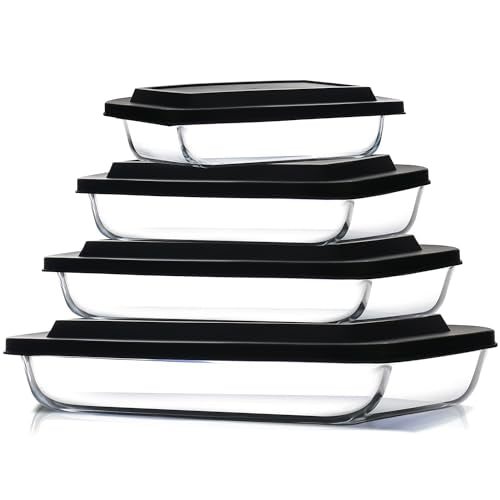 EATEX 8-Piece Deep Glass Casserole Dishes for Oven with Plastic Lids, Glass Baking Dishes for Oven, Rectangular Bakeware for Lasagna, Cooking, Leftovers, Kitchen, Freezer to Oven Dishwasher Safe