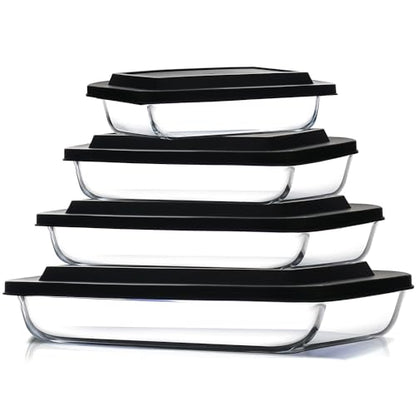 EATEX 8-Piece Deep Glass Casserole Dishes for Oven with Plastic Lids, Glass Baking Dishes for Oven, Rectangular Bakeware for Lasagna, Cooking, Leftovers, Kitchen, Freezer to Oven Dishwasher Safe