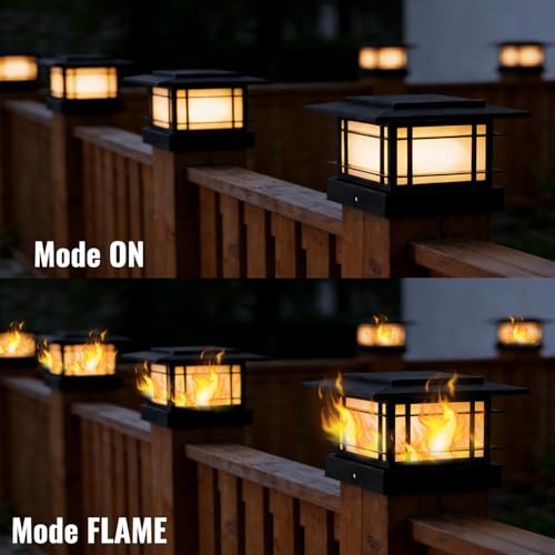 Dynaming 4x4 Solar Post Cap Lights Outdoor with Flickering Flame Light, Black Shell Fence Post Solar Lights Fit Vinyl/Wooden Posts, Brightness LED Lighting Decor for Garden Deck Patio, 12 Pack