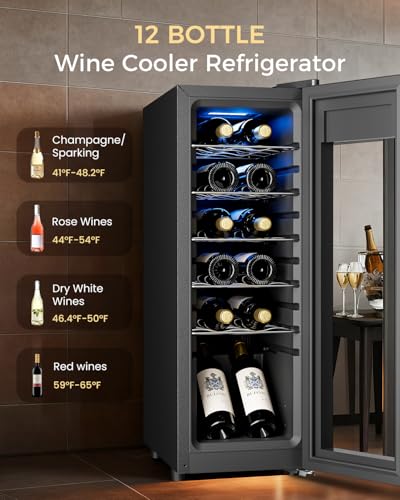 Feelfunn 12 Bottle Wine Cooler Refrigerator - Small Wine Fridge for Red, White, Champagne, Freestanding Wine Cellar with Glass Door & Digital Temperature Control for Home Bar, Office