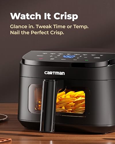 Cartman 4QT Compact Air Fryer, Ultra-Flat 6.7" Height Small Airfryer, Adjustable Airflow Design, Viewing Window, Up to 450℉, 7 Presets Touchscreen, Portable Air Fryer, Black