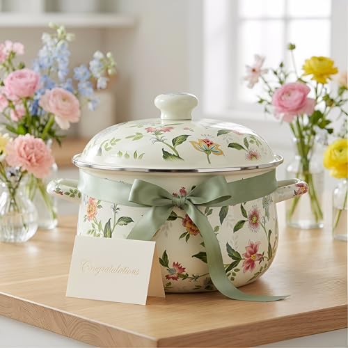 Jucoan 5 Quart Enamel Stockpot with Lid, Green Floral Enamelware Cooking Pot with Dual Handles for Stovetop, Large Soup Pot Potpourri Simmer Pot Gift for Housewarming Bridal Shower Mother's Day
