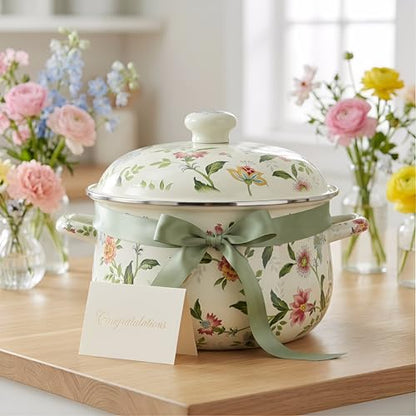Jucoan 5 Quart Enamel Stockpot with Lid, Green Floral Enamelware Cooking Pot with Dual Handles for Stovetop, Large Soup Pot Potpourri Simmer Pot Gift for Housewarming Bridal Shower Mother's Day