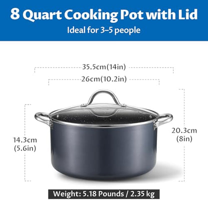 BEZIA 8 Quart Cooking Pot, Large Non Stick Induction Stock Pots with Lid, All Stove Compatible, 8 QT Aluminum Soup/Stew Pot For Families of 3–5, Grey