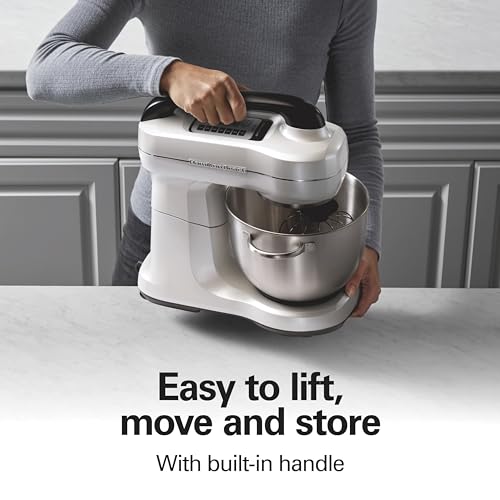 Hamilton Beach Electric Stand Mixer, 4 Quarts, Dough Hook, Flat Beater Attachments, Splash Guard, 7 Speeds with Whisk, Easy-Carry Top Handle, White