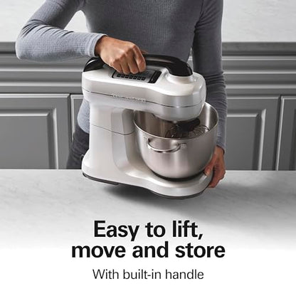 Hamilton Beach Electric Stand Mixer, 4 Quarts, Dough Hook, Flat Beater Attachments, Splash Guard, 7 Speeds with Whisk, Easy-Carry Top Handle, White