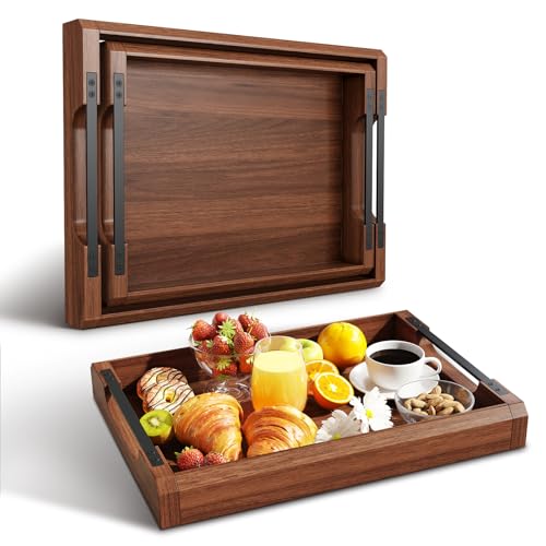 Set of 2 Acacia Wooden Ottoman Tray for Living Room, Wood Serving Tray with Handles, Decorative Coffee Table Trays for Ottoman, Large Serving Platter for Dinner, Breakfast in Bed, Kitchen Counter Top