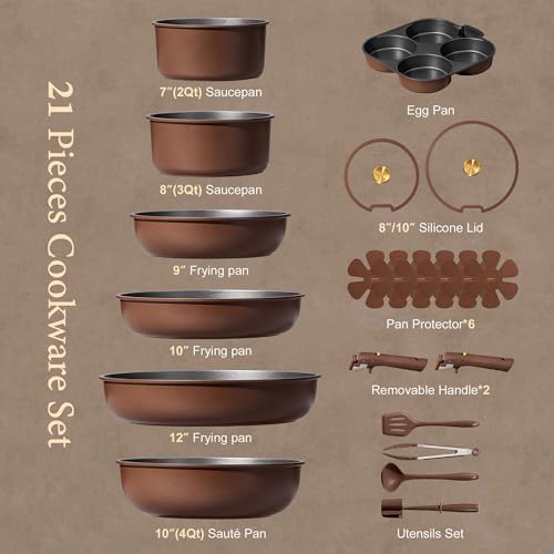 CAROTE 21pcs Pots and Pans Set, Nonstick Cookware Set Detachable Handle, Induction Kitchen Cookware Sets Non Stick with Removable Handle, RV Cookware Set, Oven Safe, Brown