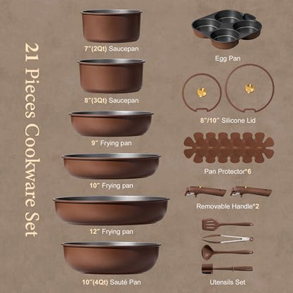 CAROTE 21pcs Pots and Pans Set, Nonstick Cookware Set Detachable Handle, Induction Kitchen Cookware Sets Non Stick with Removable Handle, RV Cookware Set, Oven Safe, Brown