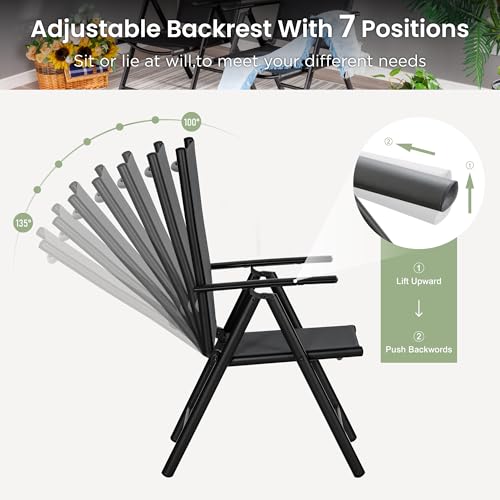 PHI VILLA 5 Piece Patio Dining Set with 10FT Umbrella (Beige), Outdoor Table and Chairs Set with Patio Folding Dining Chairs & Metal Square Dining Table for Yard Garden Deck
