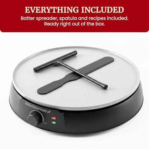 Elite Gourmet 12" Ceralast™ PFAS-Free Ceramic Nonstick Crepe Maker & Griddle, Adjustable Temperature Control, Dual Indicator Lights, Batter Spreader Included, For Crepes, Pancakes & Quesadillas, Black
