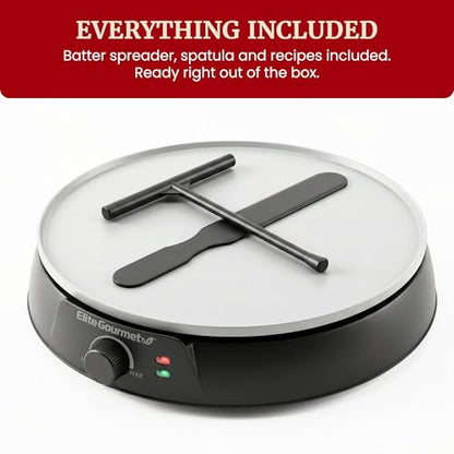 Elite Gourmet 12" Ceralast™ PFAS-Free Ceramic Nonstick Crepe Maker & Griddle, Adjustable Temperature Control, Dual Indicator Lights, Batter Spreader Included, For Crepes, Pancakes & Quesadillas, Black