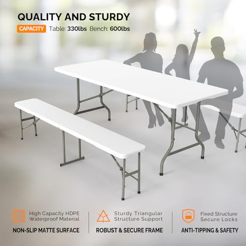 VINGLI Picnic Table Set with 2 Benches, 6 Feet Camping Table Chair Set,3-Piece Folding Furniture for Indoor or Outdoor Use, Smooth Tabletop, White